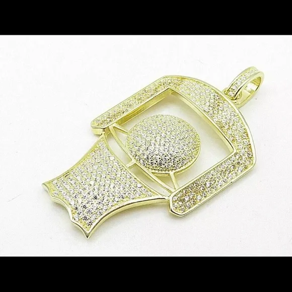 Unisex 925 Sterling Silver Topaz Encrusted Gold Plated Basketball Goal Pendant - Picture 9 of 9